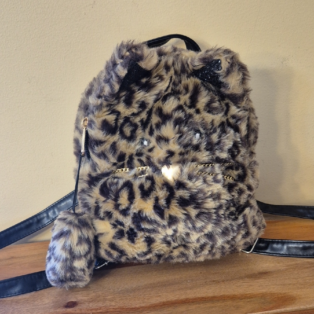 Children's Place Cat Face Leopard Print Faux Fur Mini Backpack
